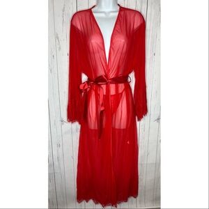 RSLOVE Women’s Size Medium Red Sheer Kimono Robe Intimates Lingerie 2 Piece Set